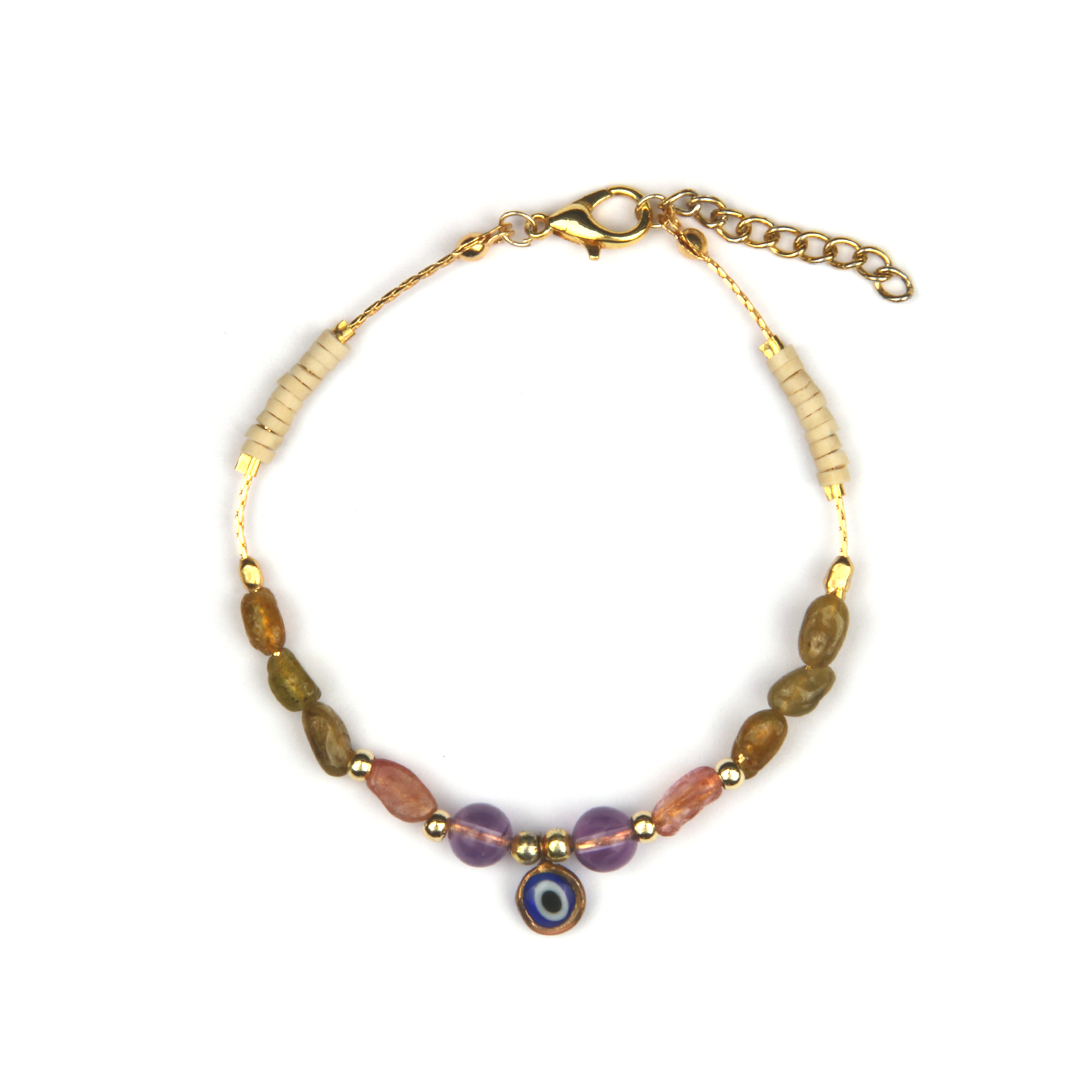 pink and green raw tourmaline shpae crystal with 18k gold chain and beads and white pottery slides braclet for women energy protection crystal bracelet