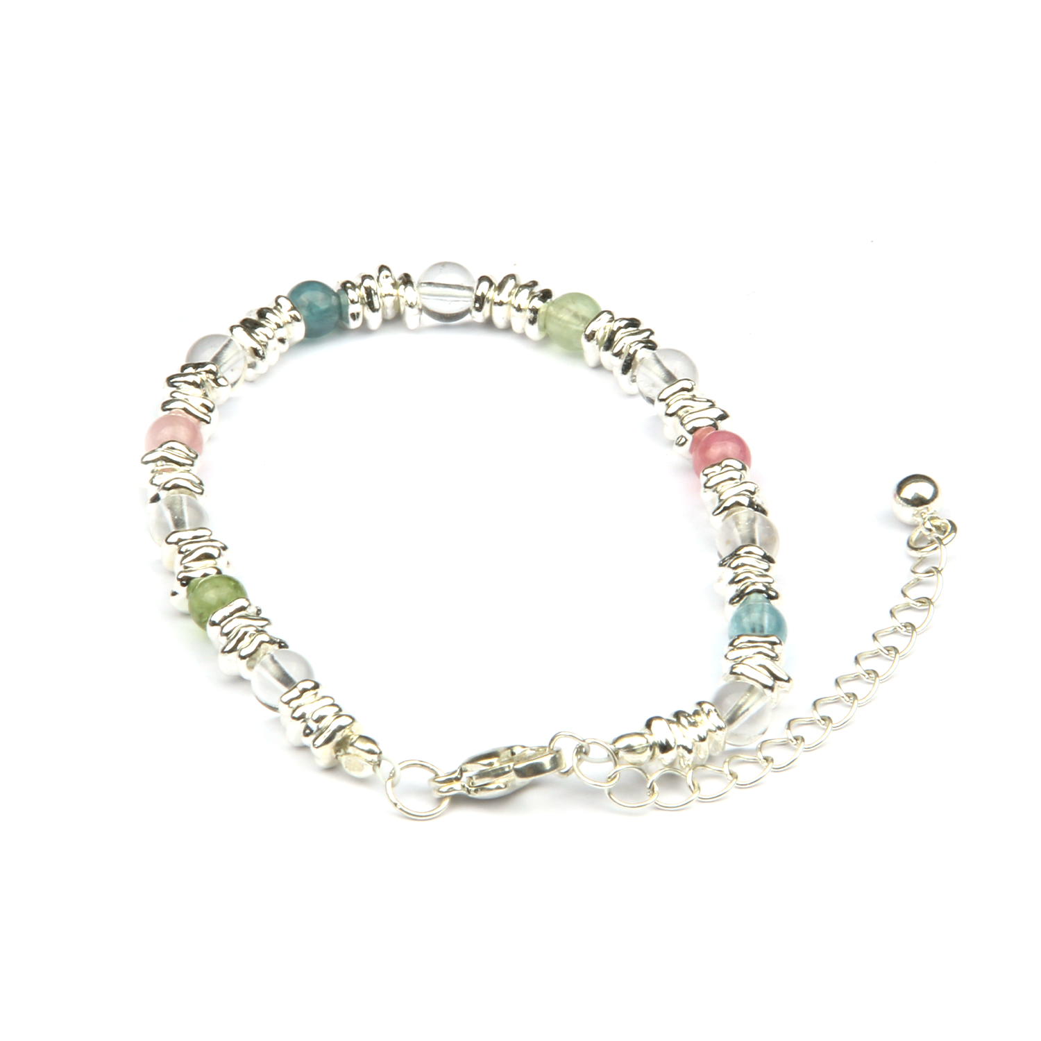 Rainbow Tourmaline with Clear Quartz and S925 Silver Beads Bracelet