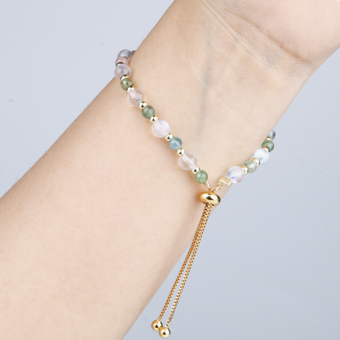 rainbow tourmaline with blue moonstone minimalist crystal bracelet for fashion outfit and energy protection crystal bracelet