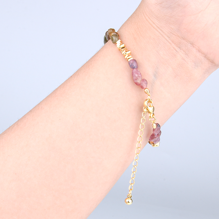 raw shape pink and green tourmaline and 18k gold accent crystal bracelet minimalist boho and elegance crystal jewelry gift for her