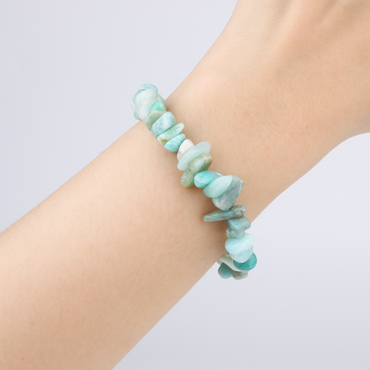 Minimalist chip crystal bracelet with raw-shaped amazonite, featuring calming blue-green tones and soothing natural energy