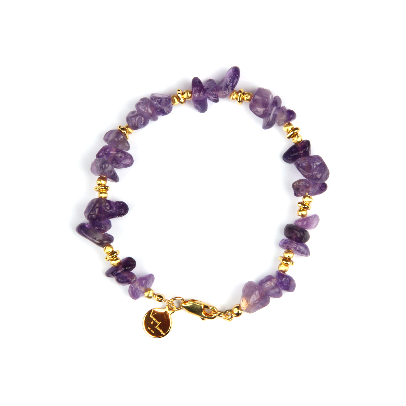 Minimalist bracelet with raw-shaped amethyst, 18K threaded cat’s eye beads, and 18K raw gold beads