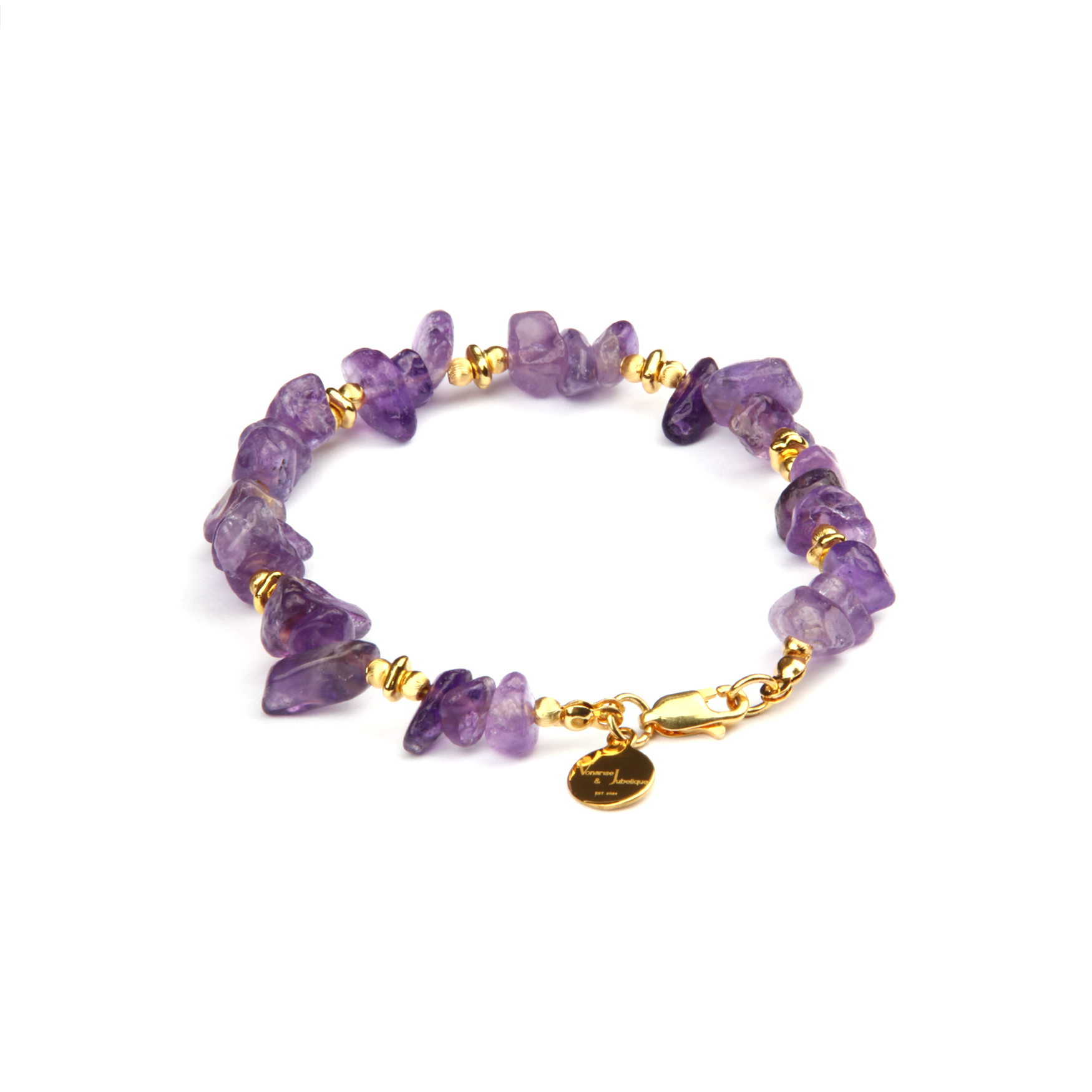 Minimalist bracelet with raw-shaped amethyst, 18K threaded cat’s eye beads, and 18K raw gold beads