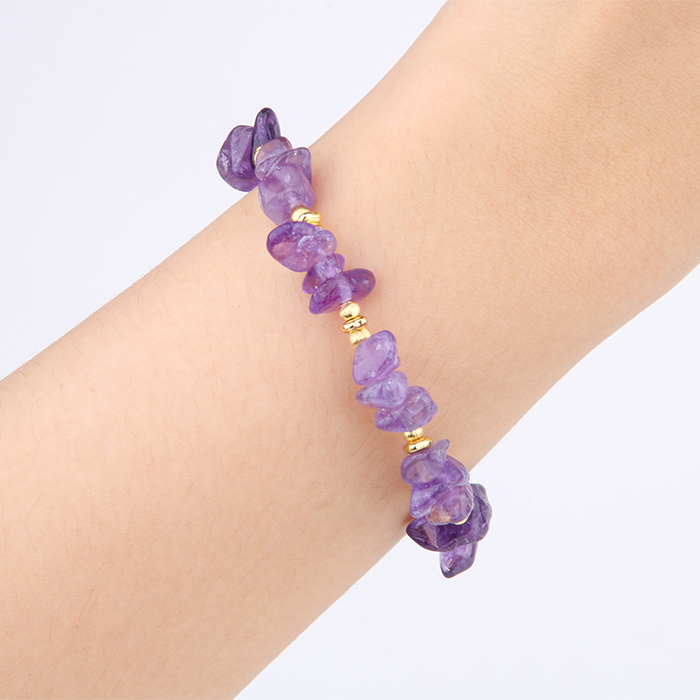 Minimalist bracelet with raw-shaped amethyst, 18K threaded cat’s eye beads, and 18K raw gold beads