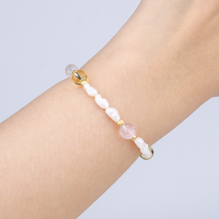 raw shape fresh water pearl with 18k gold threaded cat_s eye beads and citrine and starlight rose quartz with blue moonstone bracelet for women gift for girl friend