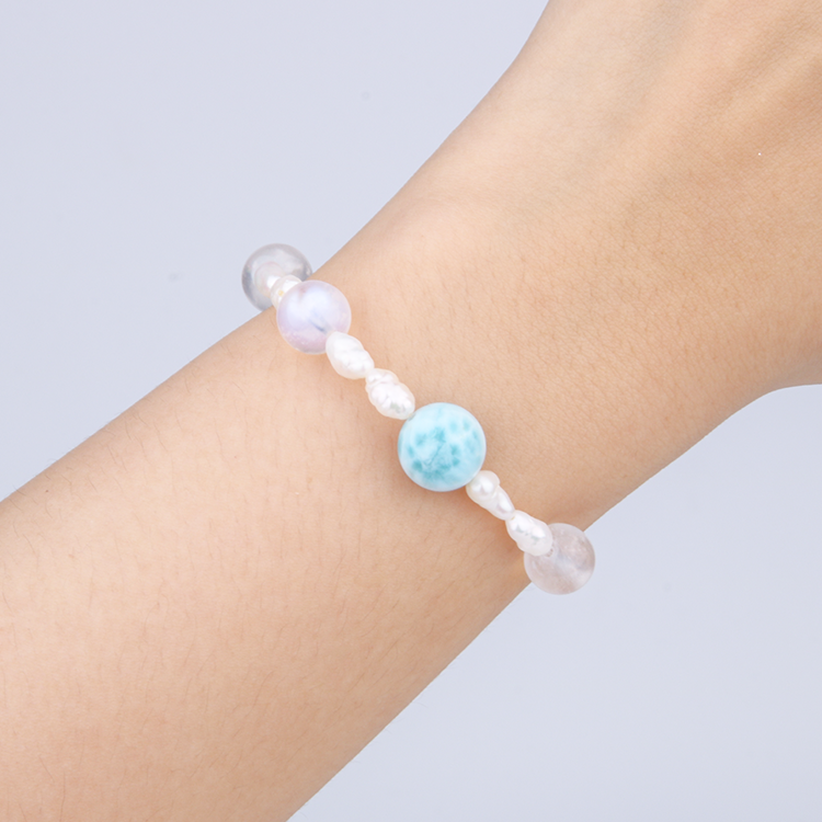 raw shape fresh water pearl with 8.5mm blue moonstone and one 11mm larimar bracelet for women gift for girl friend