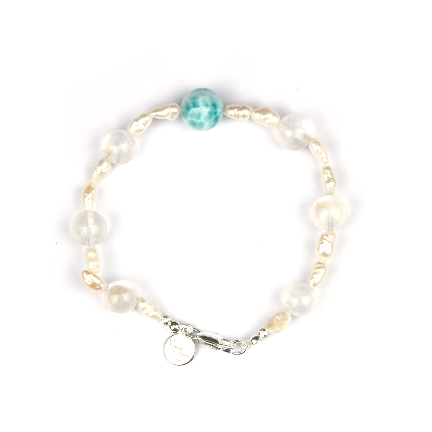 raw shape fresh water pearl with 8.5mm blue moonstone and one 11mm larimar bracelet for women gift for girl friend