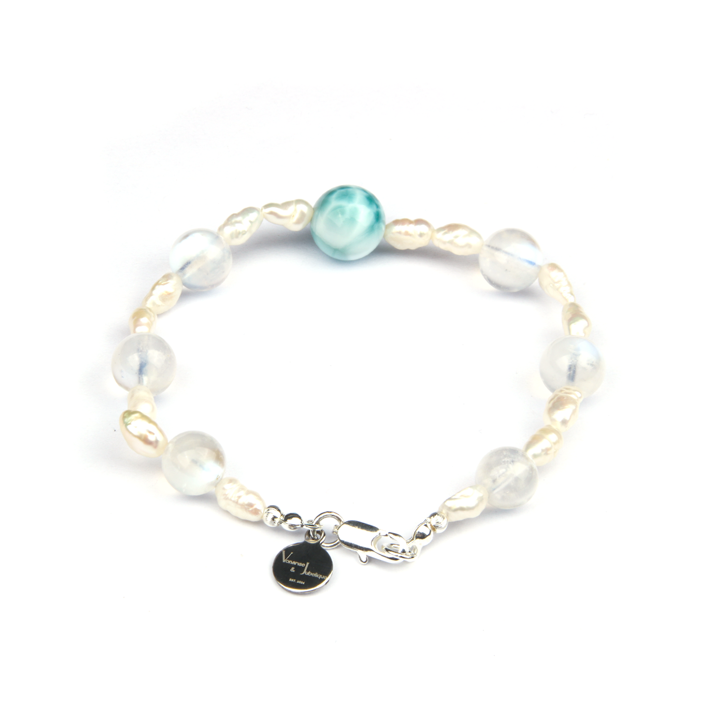 raw shape fresh water pearl with 8.5mm blue moonstone and one 11mm larimar bracelet for women gift for girl friend