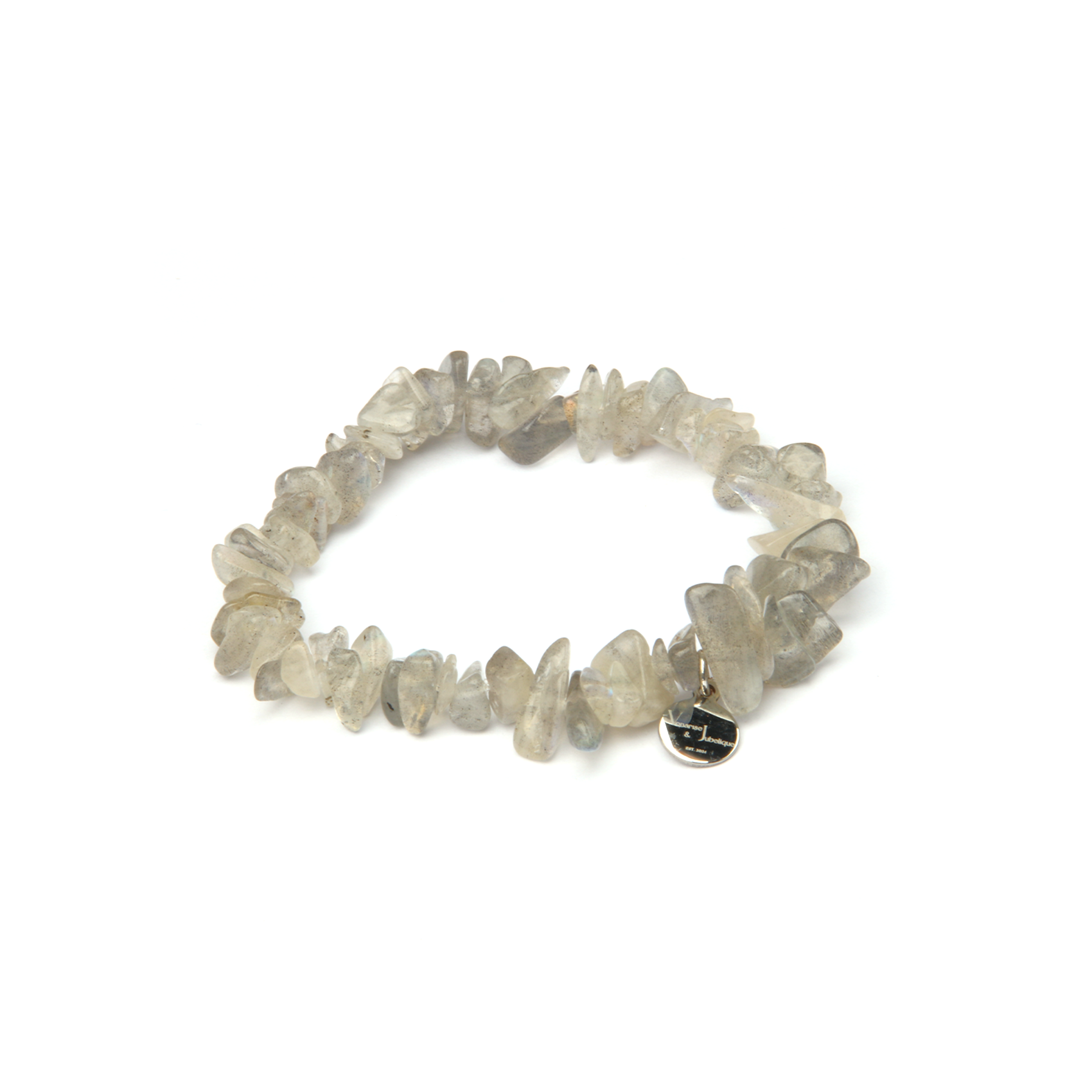 Minimalist chip crystal bracelet with raw-shaped gray moonstone, offering a soft shimmer and calming crystal aesthetic