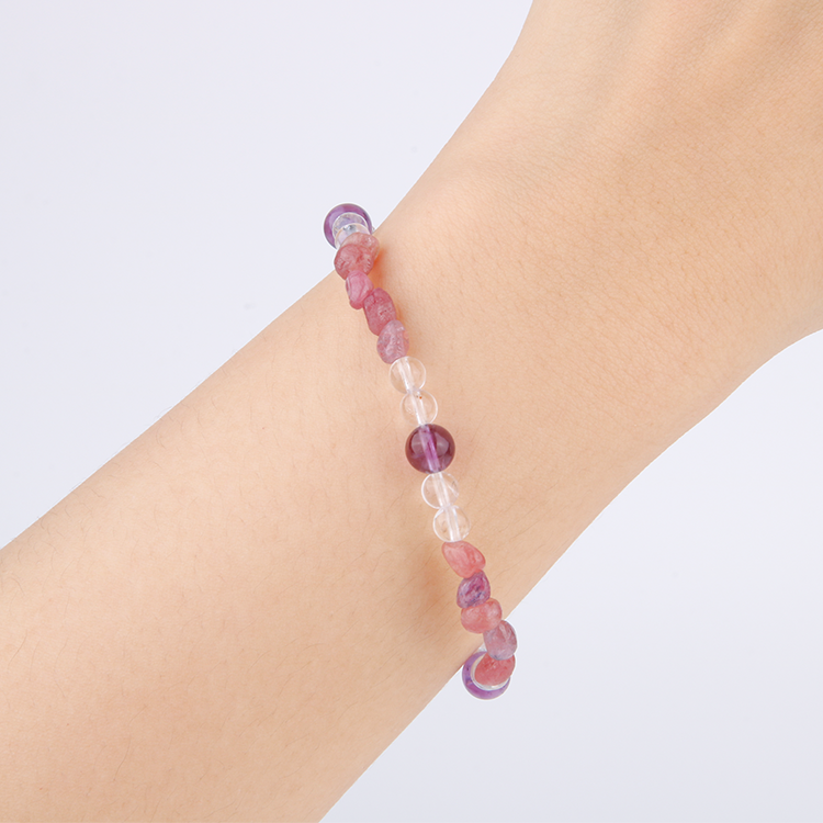 raw shape pink tourmaline with clear quartz and uruguay amethyst bracelet for women gift for best friend