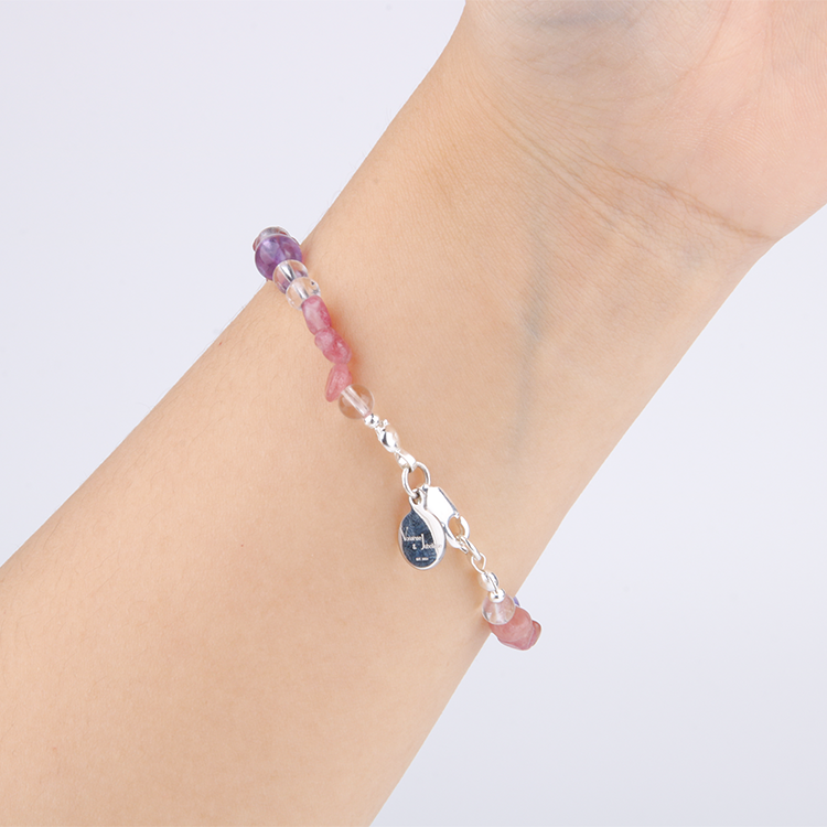 raw shape pink tourmaline with clear quartz and uruguay amethyst bracelet for women gift for best friend