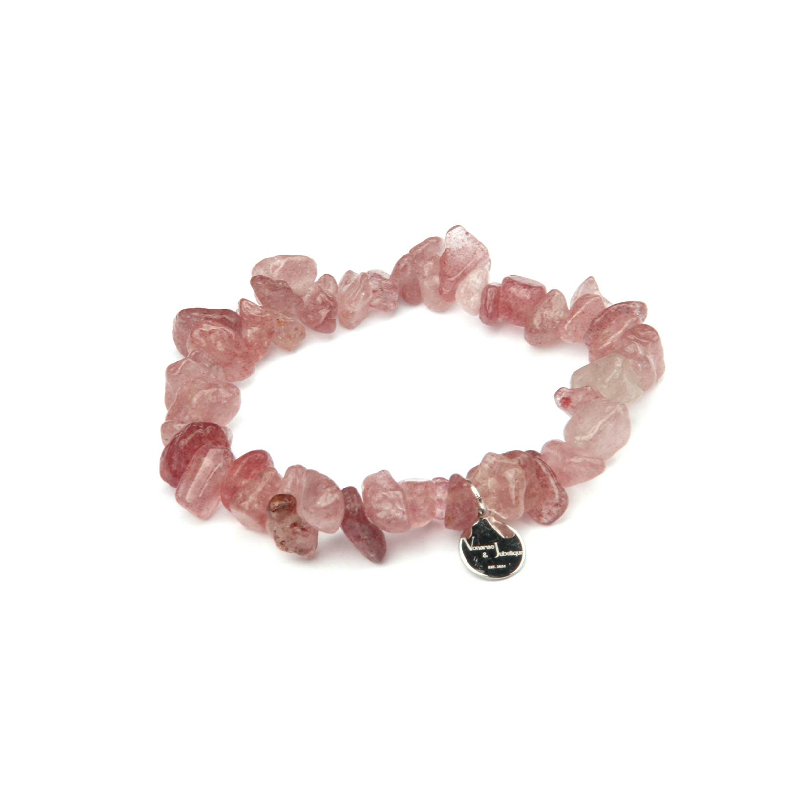 Minimalist chip crystal bracelet with raw-shaped strawberry rose quartz, featuring soft pink tones and a natural romantic aesthetic