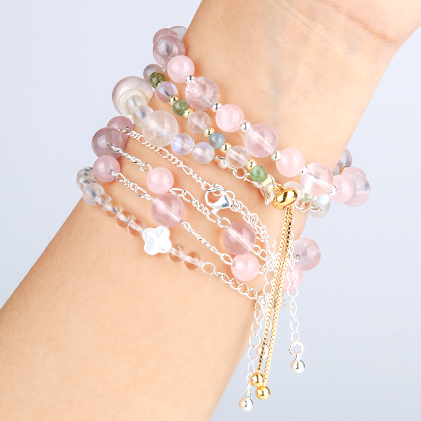 rose quartz rainbow tourmaline and blue moonstone crystal bracelet