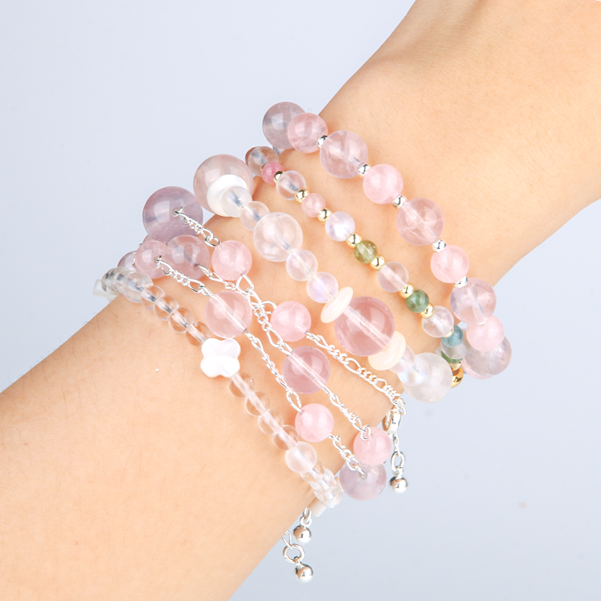 rose quartz rainbow tourmaline and blue moonstone crystal bracelet
