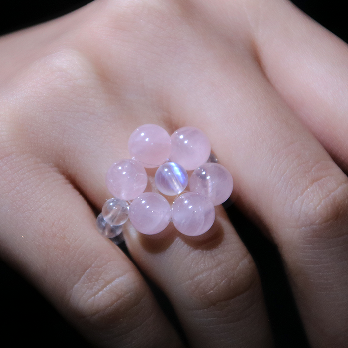 Rose Quartz & Blue Moonstone & Clear Quartz Beaded Ring