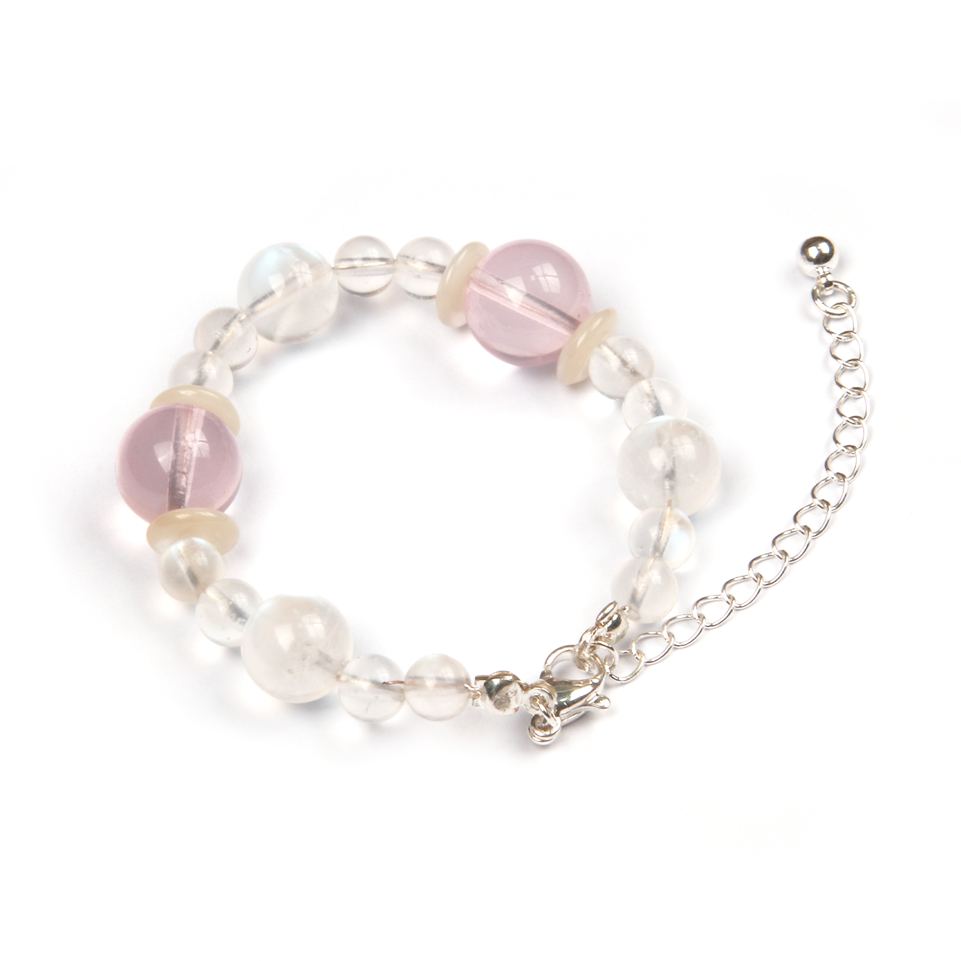 blue moonstone with starlight rose quartz and mother of pearl crystal bracelet for love attraction crystal jewelry