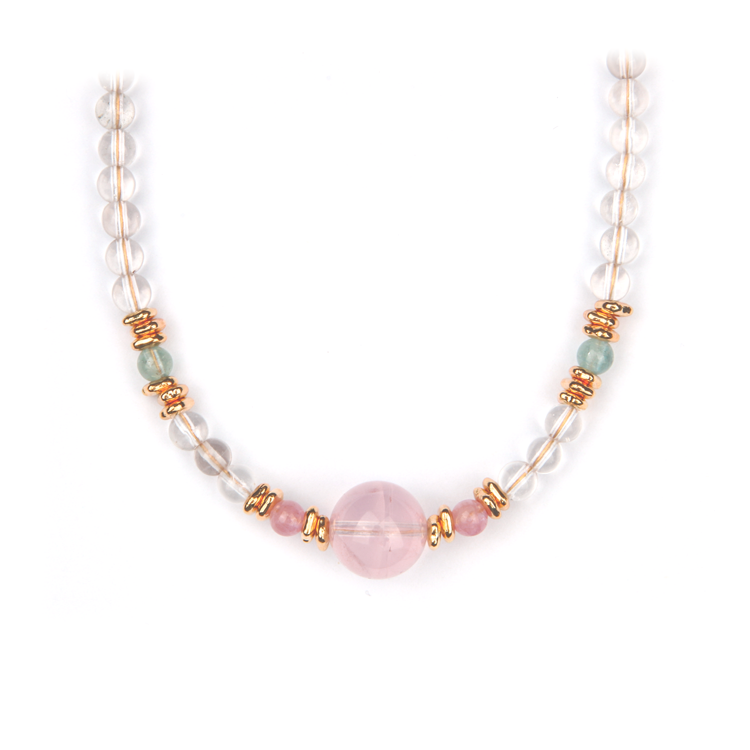 starlight rose quartz and clear quartz with green tourmaline and 18k gold accent crystal necklace minimalist boho and elegance crystal jewelry gift for her