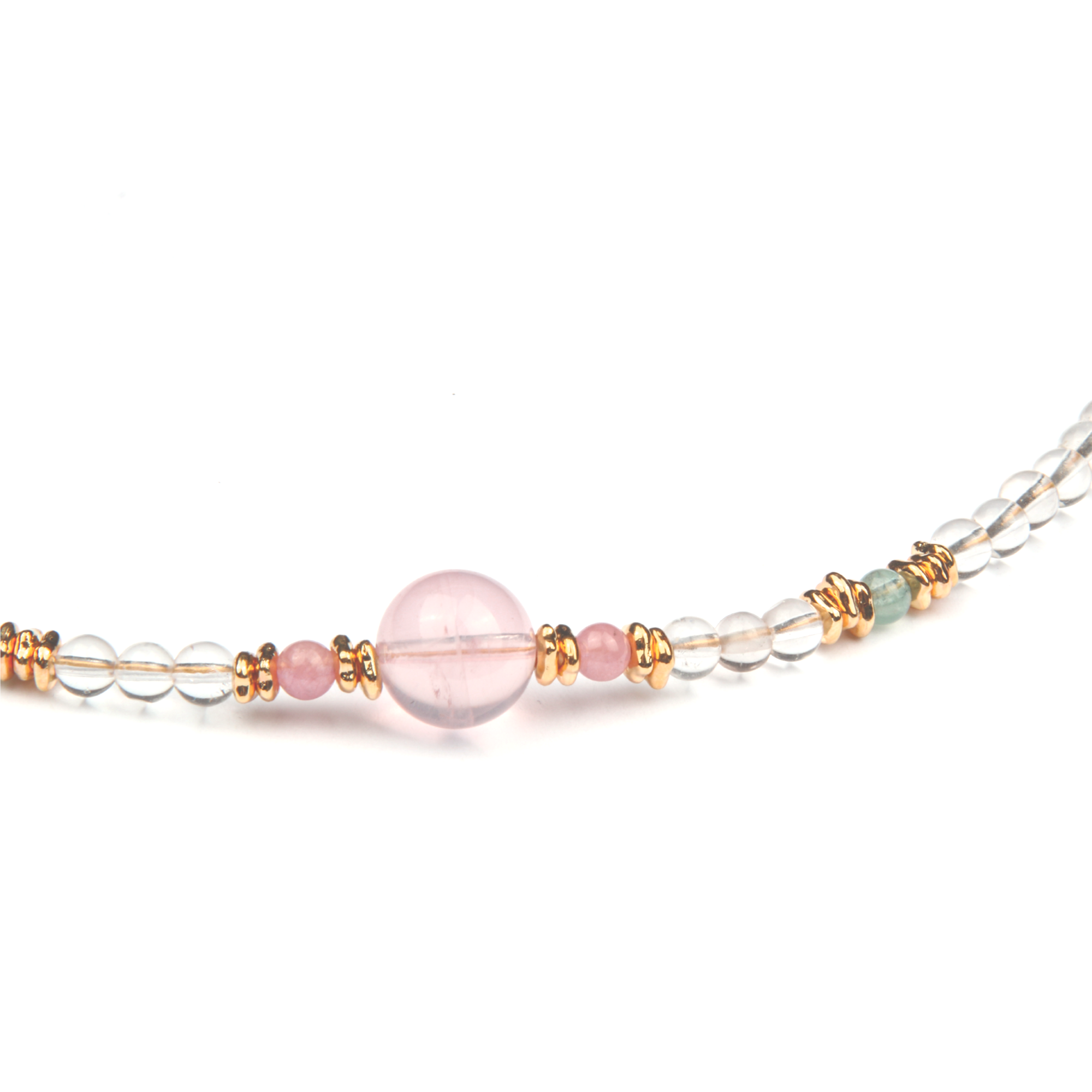 starlight rose quartz and clear quartz with green tourmaline and 18k gold accent crystal necklace minimalist boho and elegance crystal jewelry gift for her