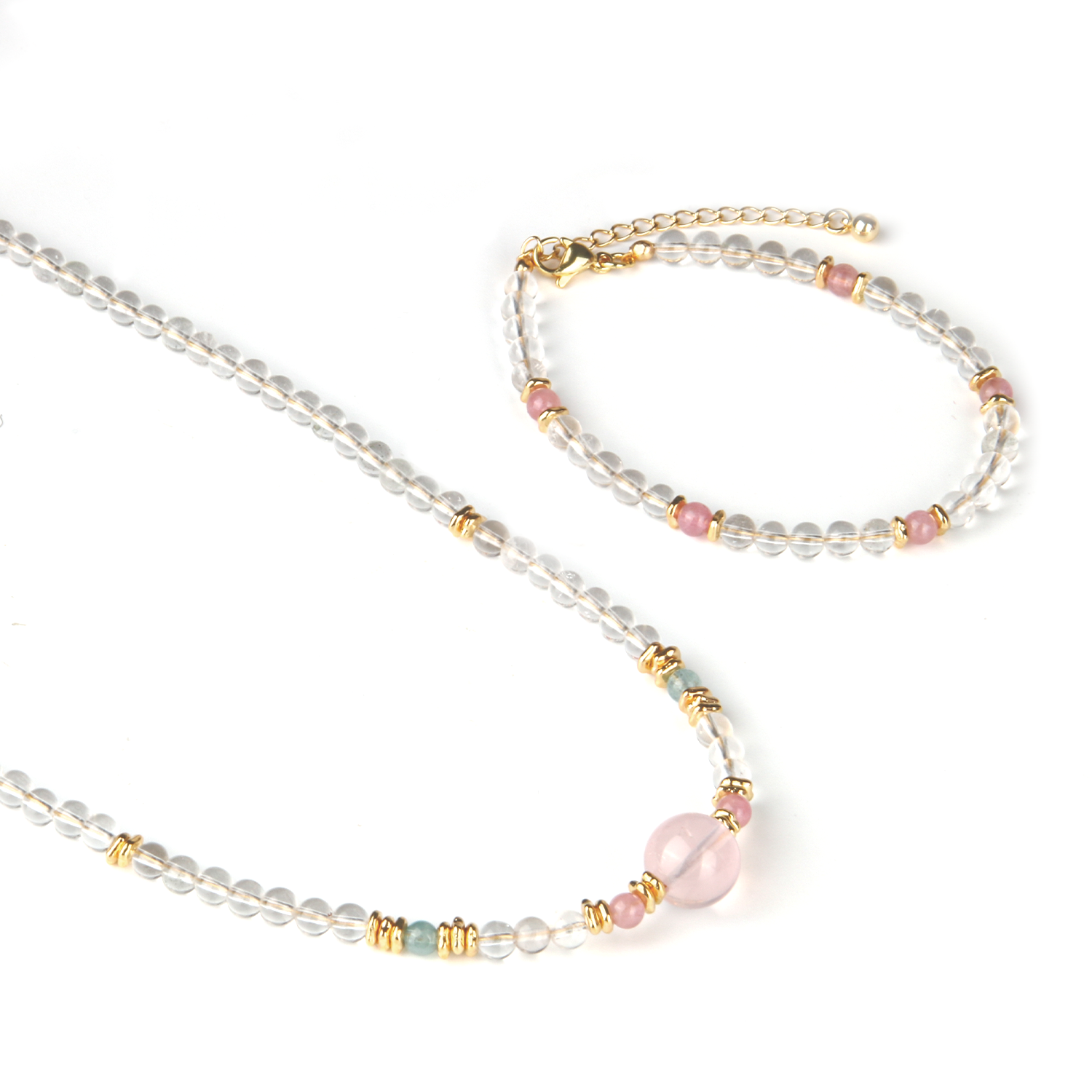 starlight rose quartz and clear quartz with green tourmaline and 18k gold accent crystal necklace minimalist boho and elegance crystal jewelry gift for her