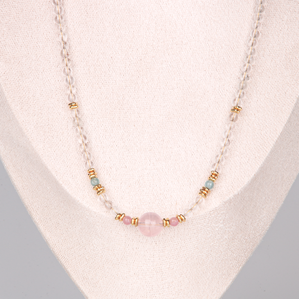 starlight rose quartz and clear quartz with green tourmaline and 18k gold accent crystal necklace minimalist boho and elegance crystal jewelry gift for her