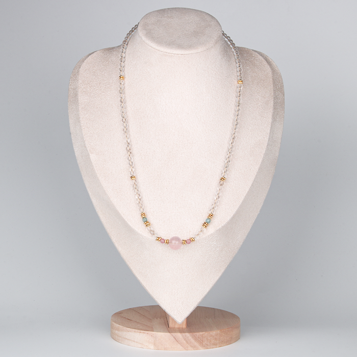 starlight rose quartz and clear quartz with green tourmaline and 18k gold accent crystal necklace minimalist boho and elegance crystal jewelry gift for her