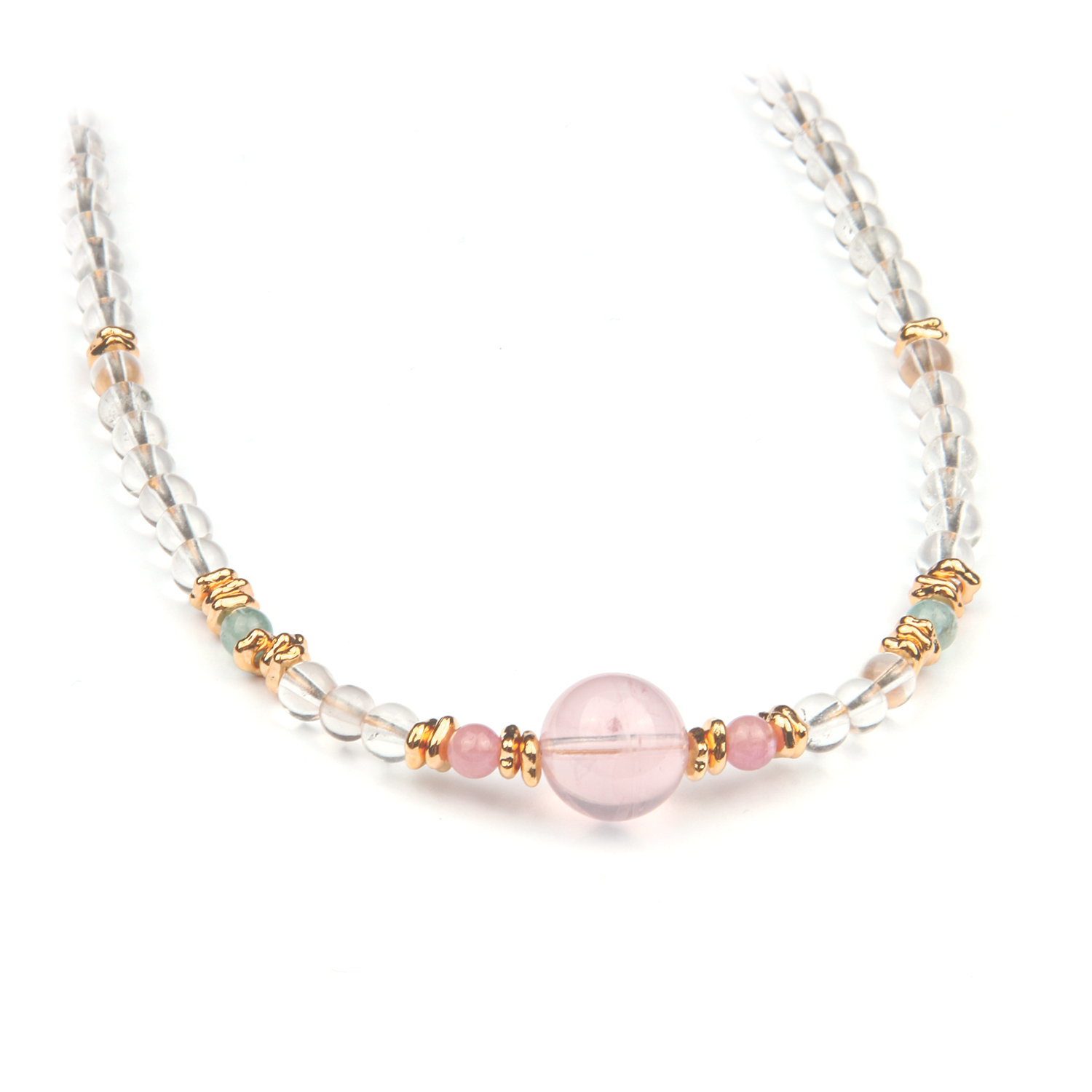 starlight rose quartz and clear quartz with green tourmaline and 18k gold accent crystal necklace minimalist boho and elegance crystal jewelry gift for her