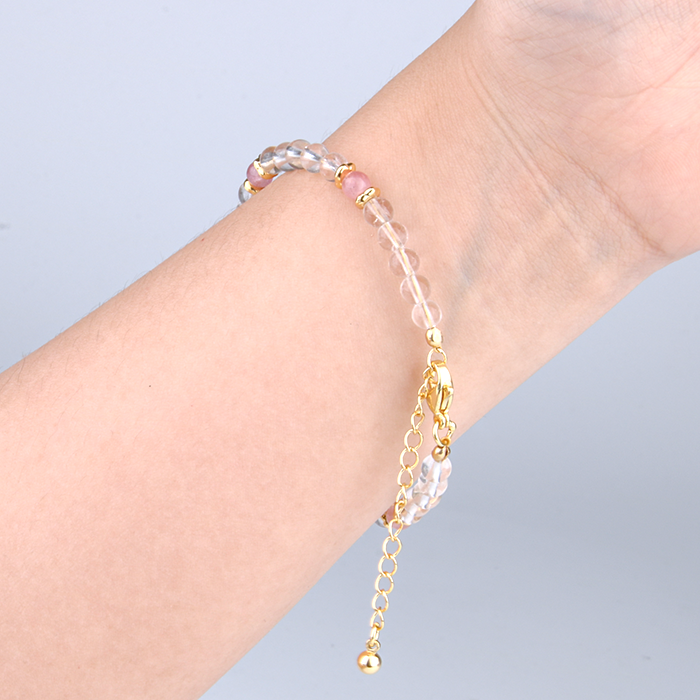 Clear Quartz with Pink Tourmaline & 18K Gold Beads Bracelet