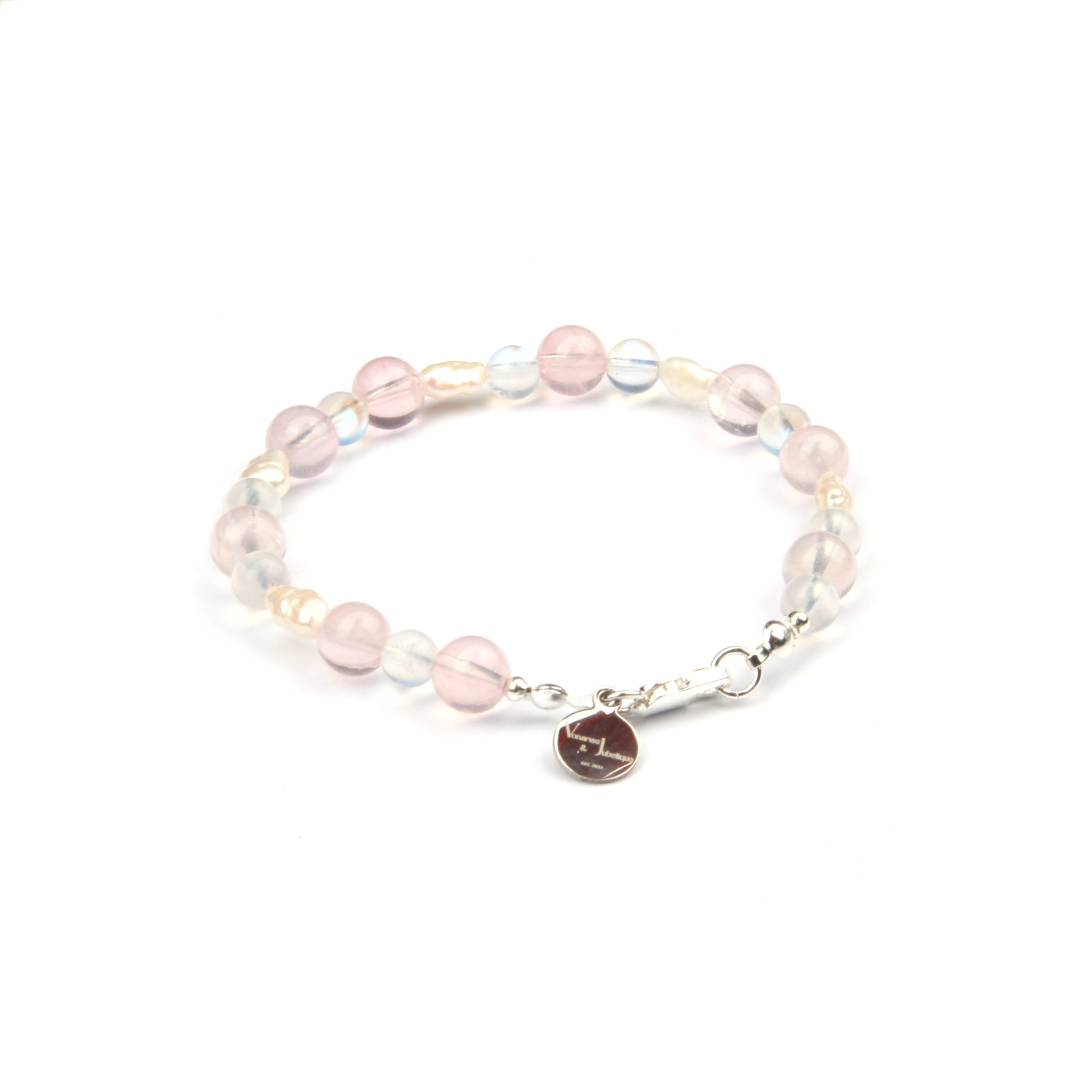 starlight rose quartz and fresh water pearl with blue moonstone bracelet for women gift for best friend
