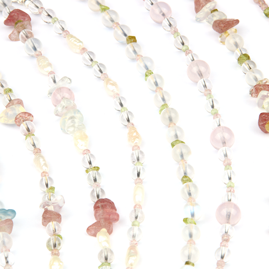 Aesthetic spring crystal bracelet featuring strawberry rose quartz and peridot, part of the natural crystal collection