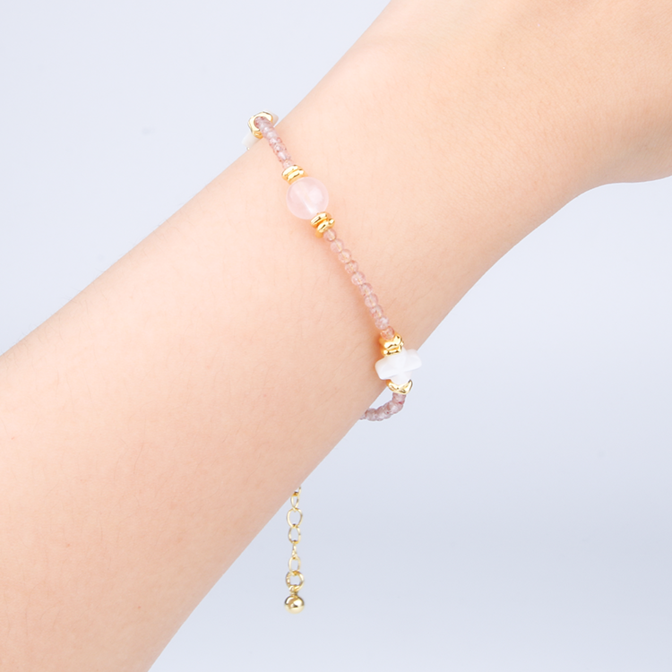 strawberry rose quartz and mother of pearl crystal bracelet for love attraction crystal jewelry