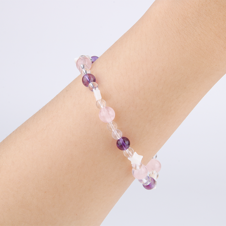 uruguay amethyst with clear quartz and classic rose quartz and star shape mother of pearl bracelet