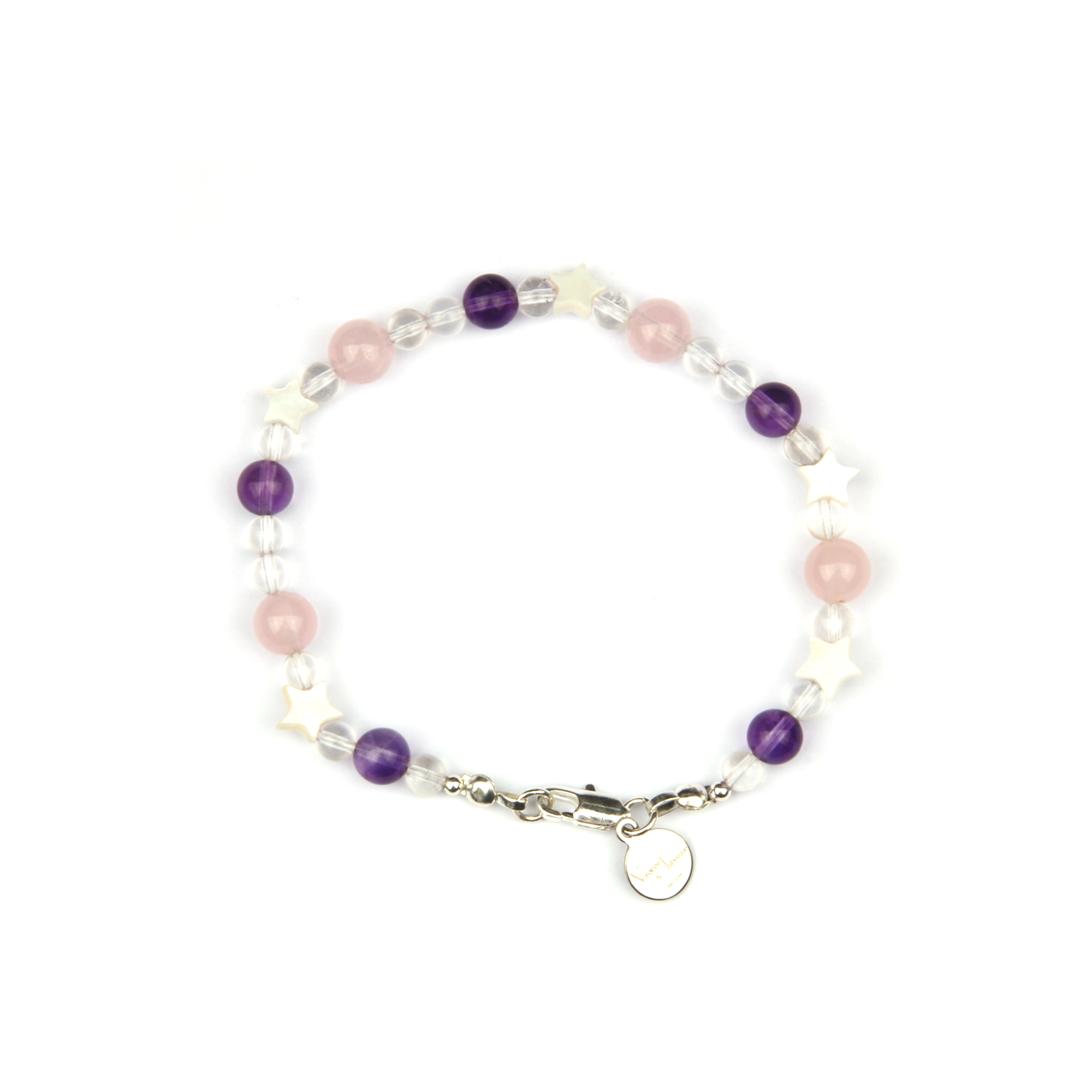 uruguay amethyst with clear quartz and classic rose quartz and star shape mother of pearl bracelet