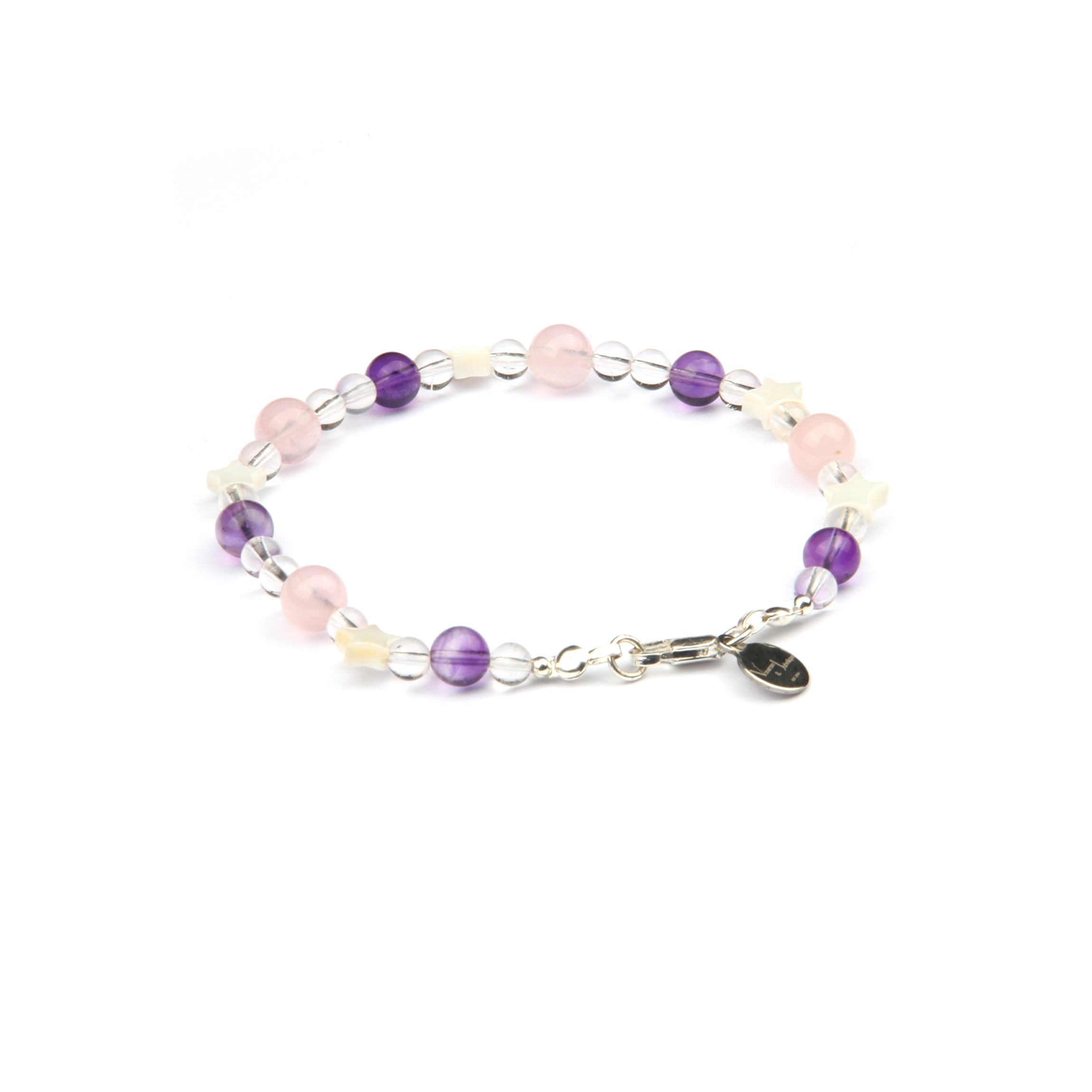 uruguay amethyst with clear quartz and classic rose quartz and star shape mother of pearl bracelet