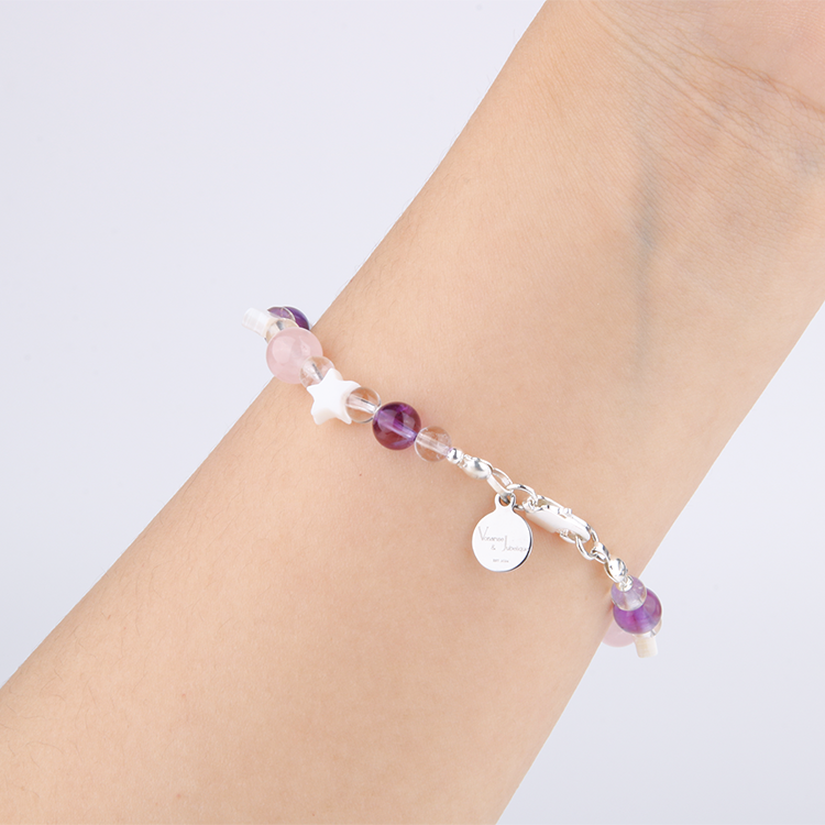 uruguay amethyst with clear quartz and classic rose quartz and star shape mother of pearl bracelet