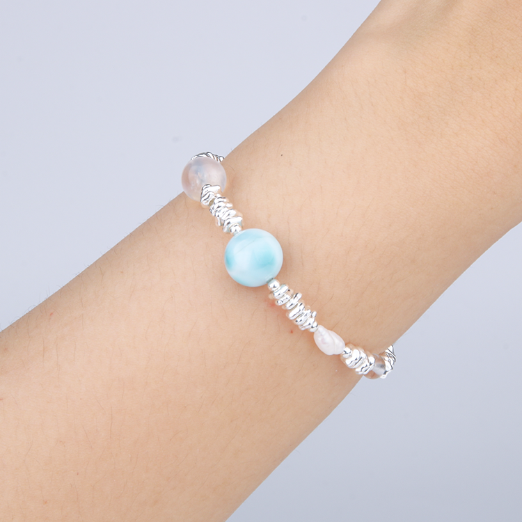 white and blue moonstone and raw shape fresh water pearl with clear quartz and one larimar and s925 silver bead bracelet for women gift for girl friend