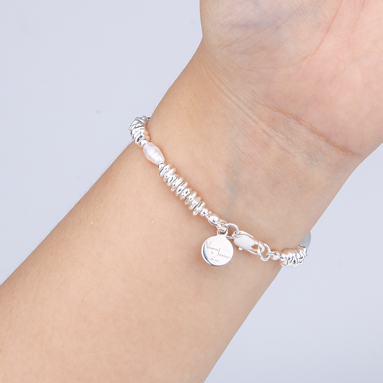 white and blue moonstone and raw shape fresh water pearl with clear quartz and one larimar and s925 silver bead bracelet for women gift for girl friend