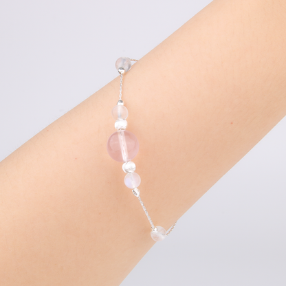 0.6mm s925 silver chain with 6mm blue moonstone and starlight rose quartz bracelet for love attraction for women gift for best friend