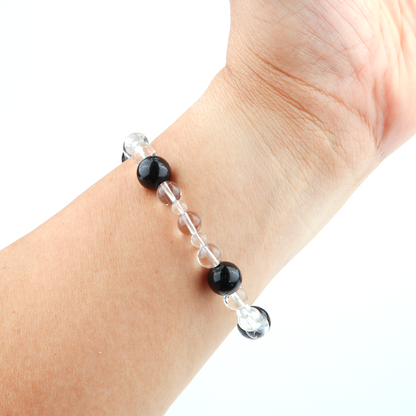 10mm black_tourmaline_with_5mm_and_7.5mmclear_quartz_bracelet for energy protection energy shield minimalist moder natural crystal jewelry
