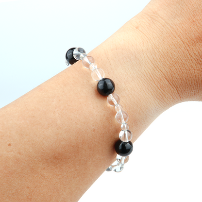 10mm black_tourmaline_with_5mm_and_7.5mmclear_quartz_bracelet for energy protection energy shield minimalist moder natural crystal jewelry