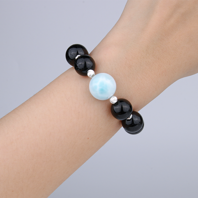 11mm black tourmaline with one 14mm larimar at center with s925 silver beads bracelet for energy protection ocean energy crystal jewelry gift jewelry