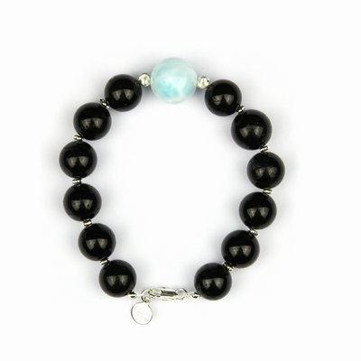 11mm black tourmaline with one 14mm larimar at center with s925 silver beads bracelet for energy protection ocean energy crystal jewelry gift jewelry