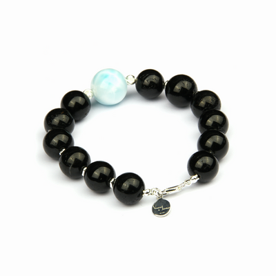 11mm black tourmaline with one 14mm larimar at center with s925 silver beads bracelet for energy protection ocean energy crystal jewelry gift jewelry