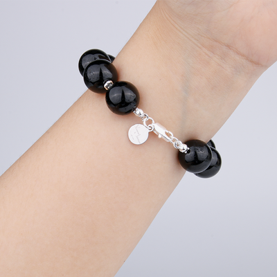 11mm black tourmaline with one 14mm larimar at center with s925 silver beads bracelet for energy protection ocean energy crystal jewelry gift jewelry