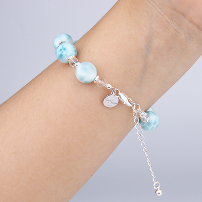 11mm larimar with 8mm clear quartz and s925 silver beads bracelet for ocean energy crystal jewelry