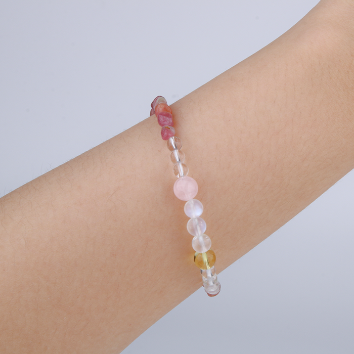 2-7mm pink raw shape tourmaline with 5mm clear quartz and 6mm blue moonstone and citrine bracelet for women gift for best friend