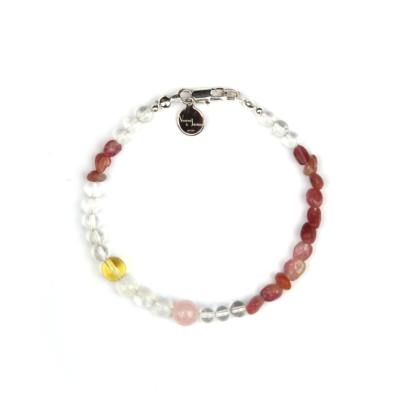 2-7mm pink raw shape tourmaline with 5mm clear quartz and 6mm blue moonstone and citrine bracelet for women gift for best friend