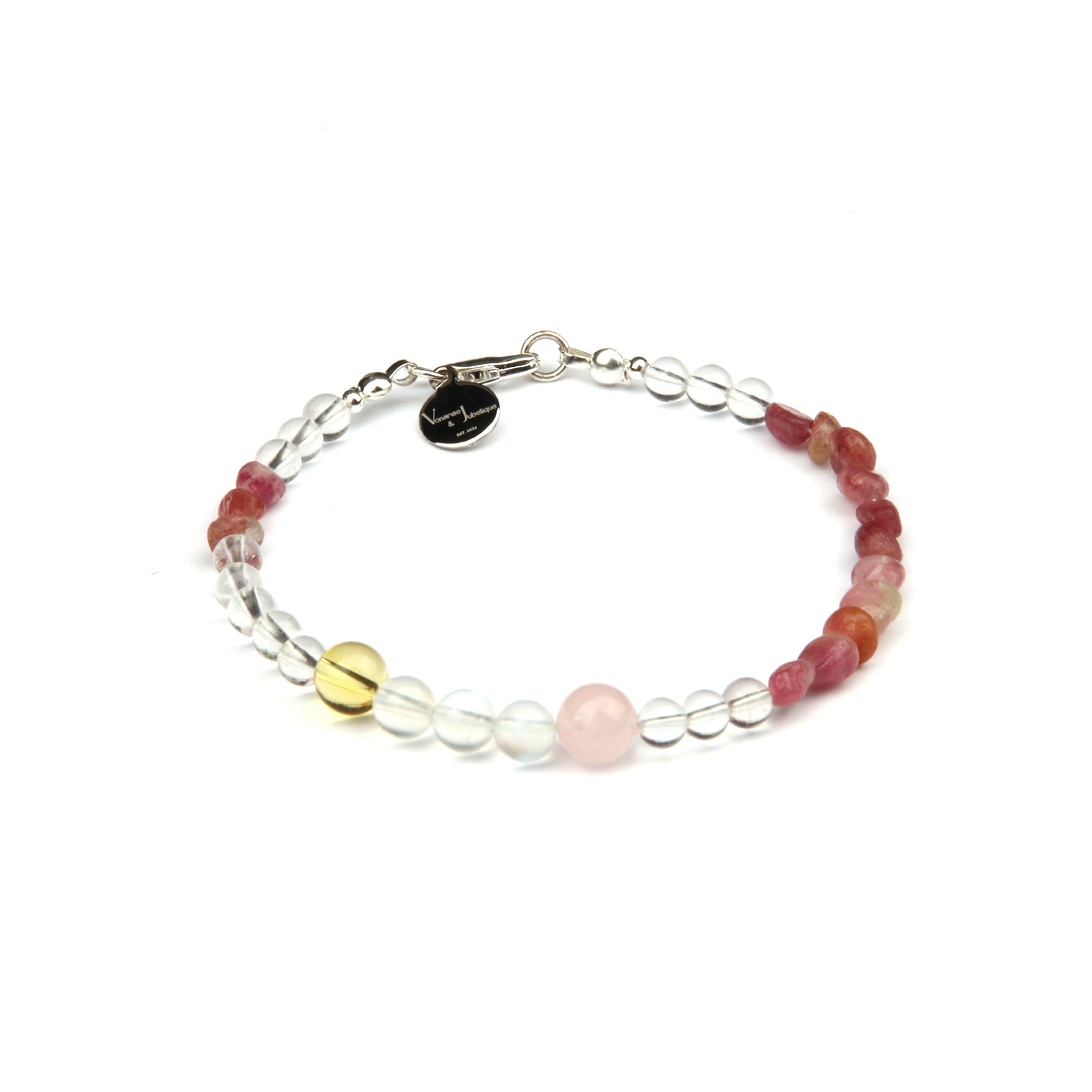 2-7mm pink raw shape tourmaline with 5mm clear quartz and 6mm blue moonstone and citrine bracelet for women gift for best friend