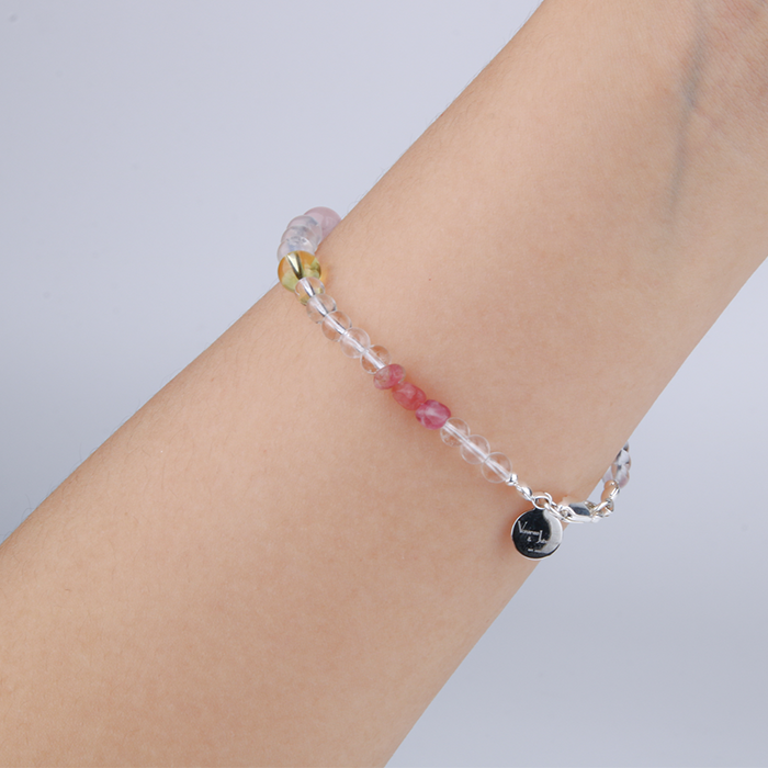 2-7mm pink raw shape tourmaline with 5mm clear quartz and 6mm blue moonstone and citrine bracelet for women gift for best friend