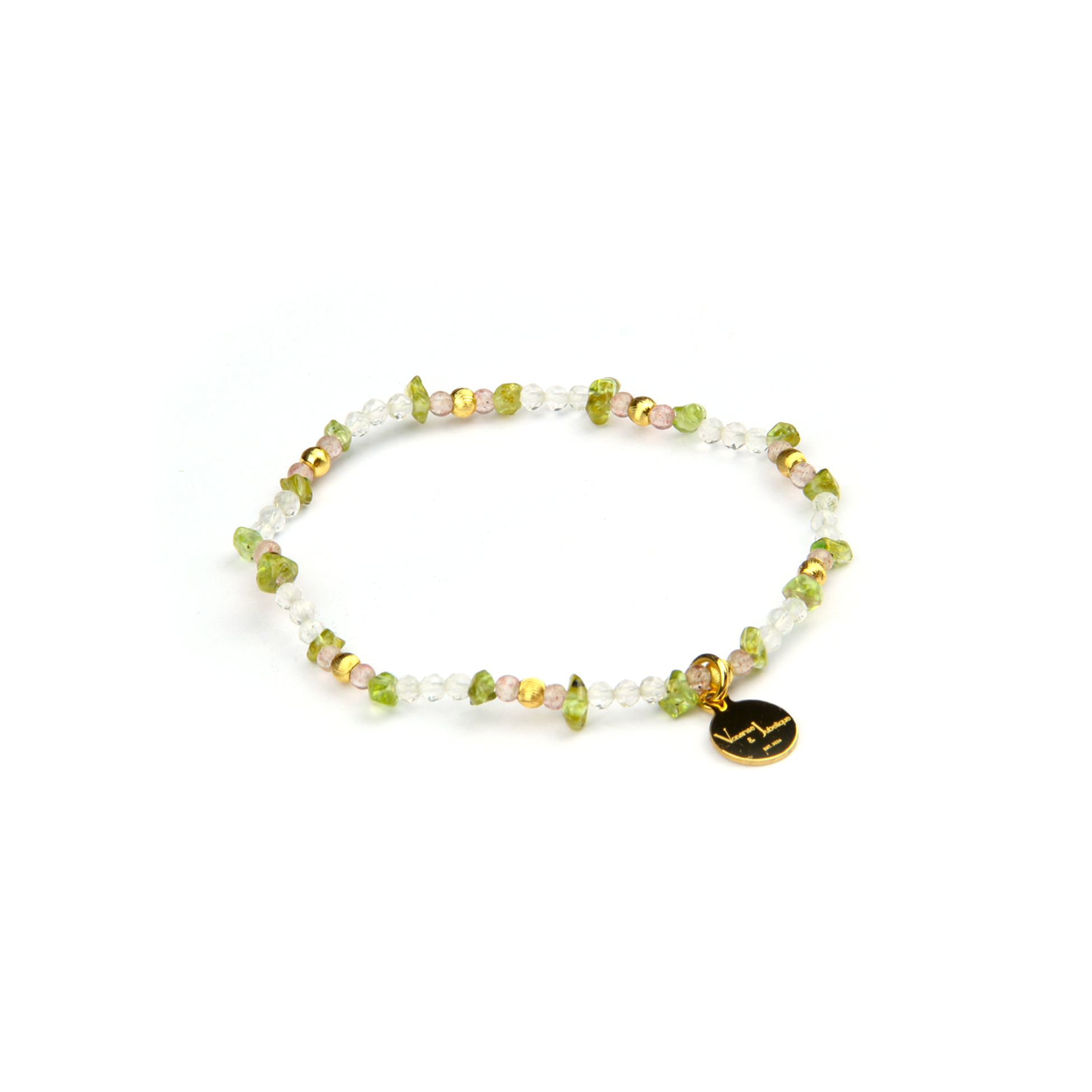 elastic crystal bracelet in peridot and rose quartz