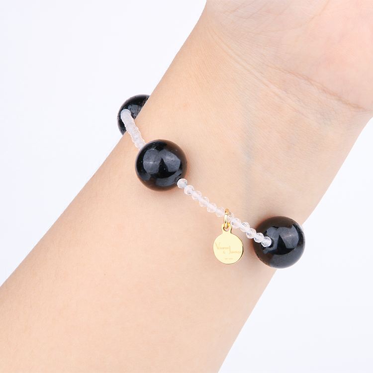 2mm facted clear quartz with 14mm black tourmaline dainty heaven crystal bracelet